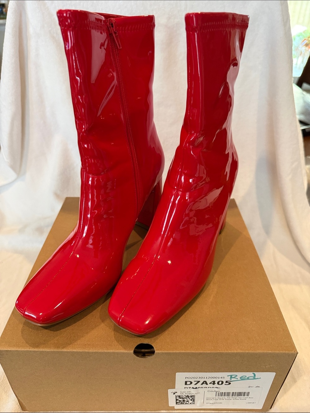 Coutgo Red Patent Mid-Calf Block Heel Boots - Women